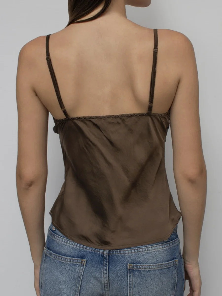 Satin Spaghetti Strap Camisole With Lace Trim V Neck Top