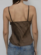 Satin Spaghetti Strap Camisole With Lace Trim V Neck Top