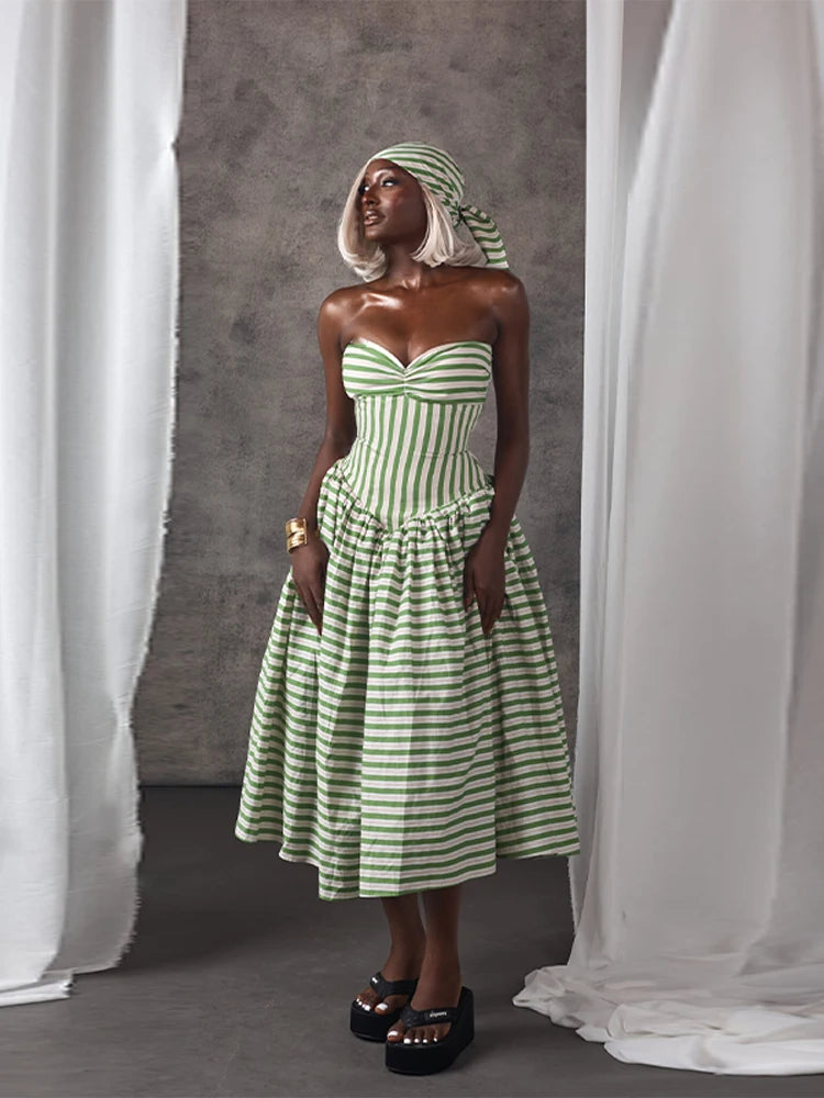 Striped Strapless Maxi Dress With Lace Up Waist Cinching Backless Gown