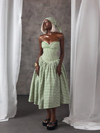 Striped Strapless Maxi Dress With Lace Up Waist Cinching Backless Gown
