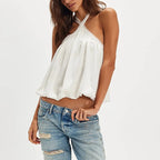 Cross Button Halter Top With Backless Design And Puffball Hem