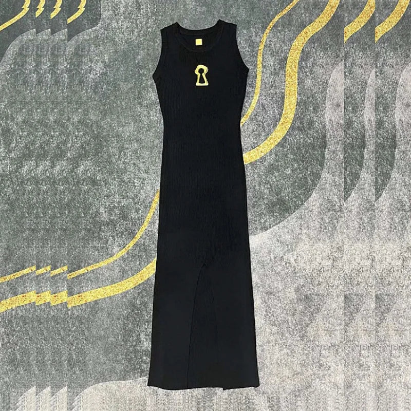 Hollow-Out Knit Vest Dress With Metal Buttons Sleeveless Slit