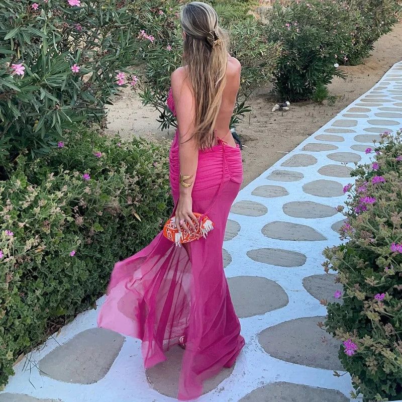 Ruched Mesh Maxi Dress With Cross See Through Halter Backless Bodice