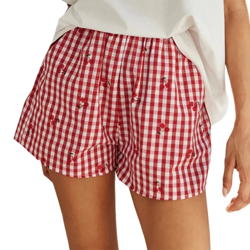 Cherry Plaid Lounge Shorts With Elastic Waistband Cute