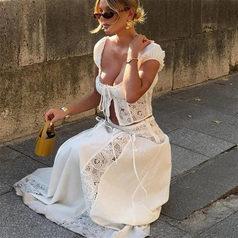Women Two Piece Set White Lace Patchwork Off Shoulder Short Sleeve Crop Top With Long Skirt