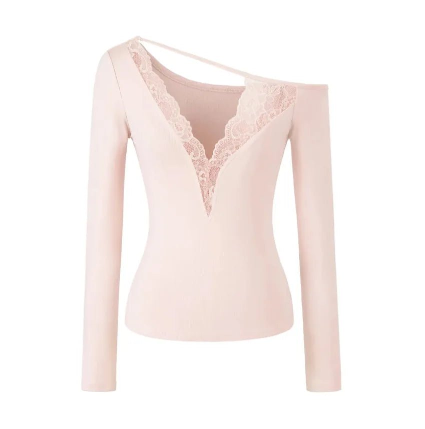Soft Cotton Long Sleeve Lace Trim V Neck Top Feminine Style