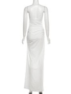 Hollow Backless Patchwork Elegant Evening Dress For Women Turtleneck Sleeveless Ankle Length Ruched Detailing