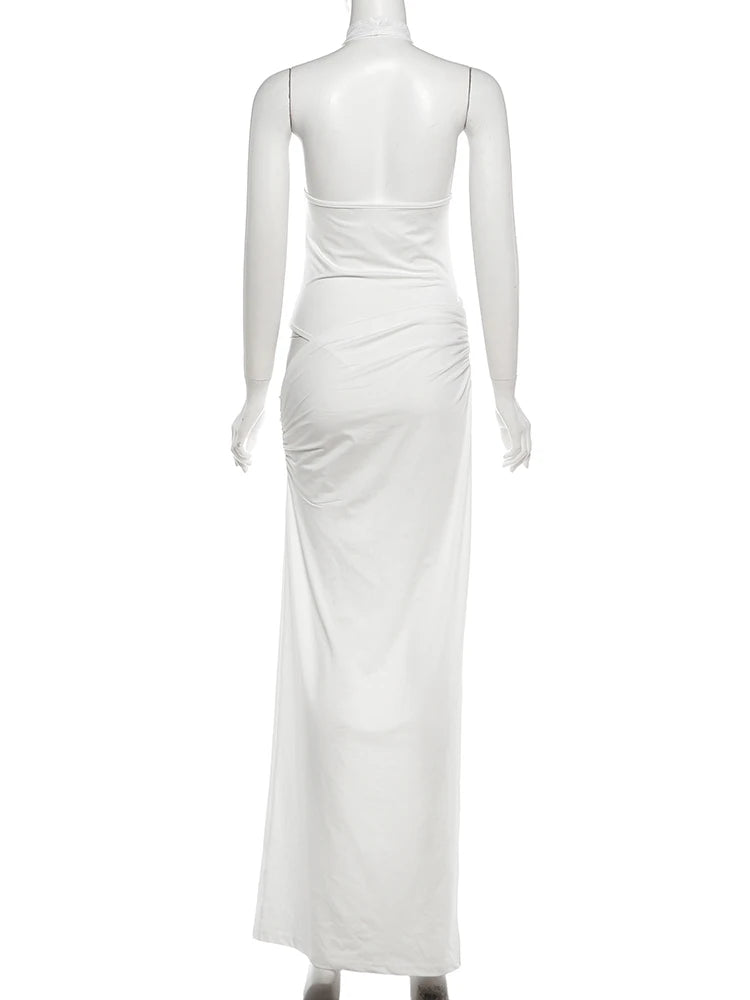 Hollow Backless Patchwork Elegant Evening Dress For Women Turtleneck Sleeveless Ankle Length Ruched Detailing
