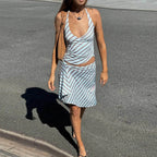 Open Back Halter Crop Top And Striped Skirt Set