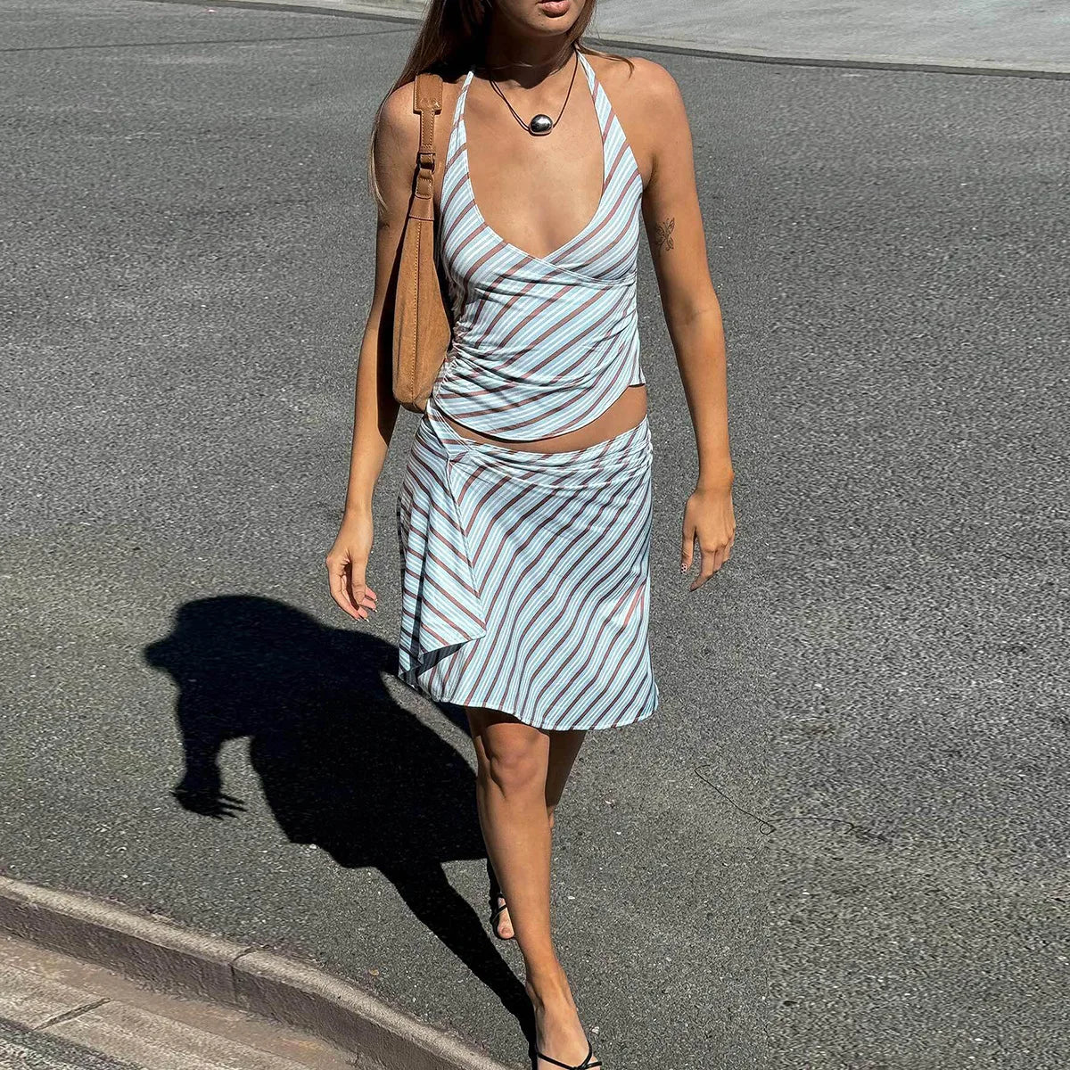 Open Back Halter Crop Top And Striped Skirt Set