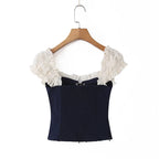 Women's Navy Blue Bustier Blouse With White Patchwork Lace-Up Front