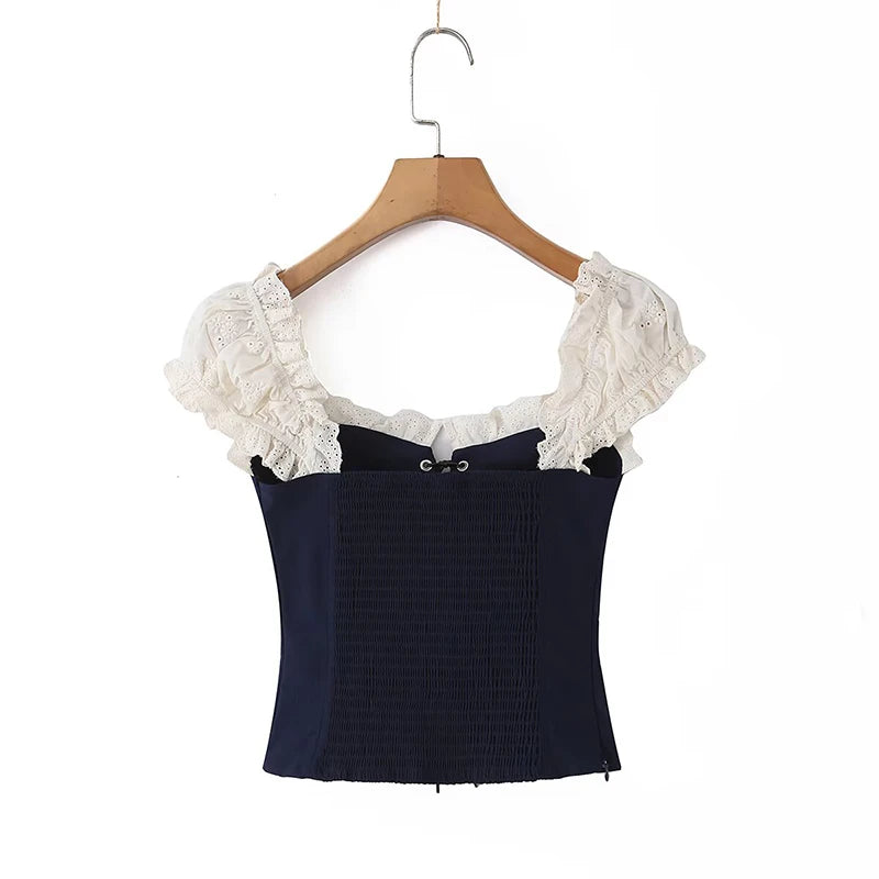 Women's Navy Blue Bustier Blouse With White Patchwork Lace-Up Front