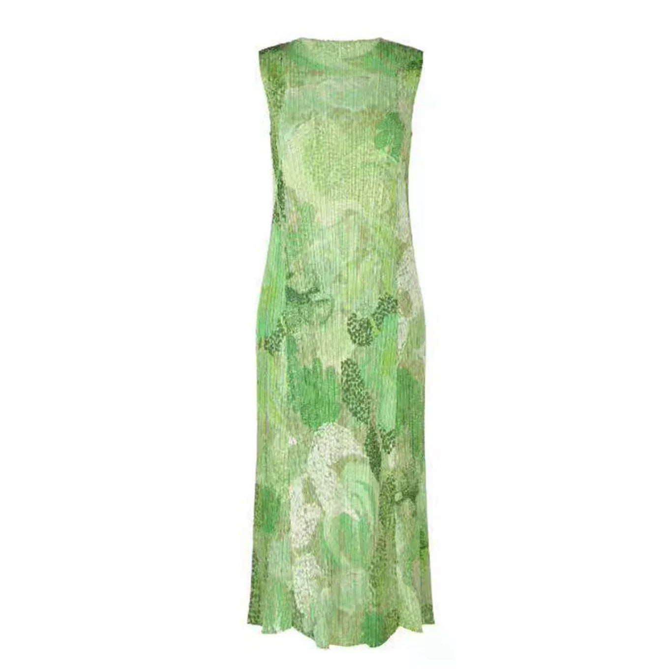 Japanese Style Pleated Print Dress Round Neck Sleeveless Loose Fit