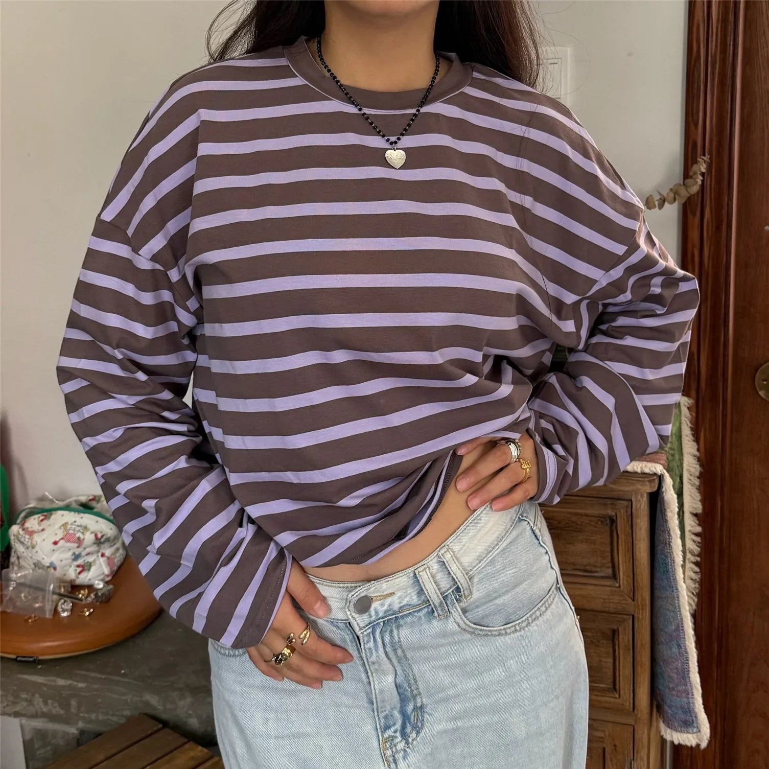 Vintage Luxe Relaxed Striped Tunic Top For Women Long Sleeve Round Neck