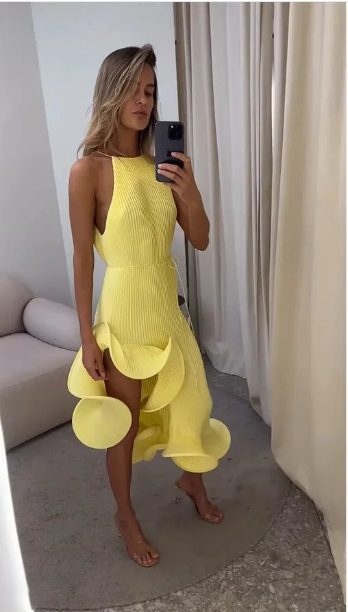 Sexy Knot Waist Lace Trim Midi Dress Sleeveless High Collar