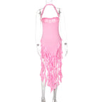 Elegant Halter Backless Ruffles Mini Dress Slim Fit With Tassel Detail