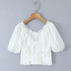 Sunlit Vintage Puff Sleeve V Neck White Chiffon Crop Top Blouse