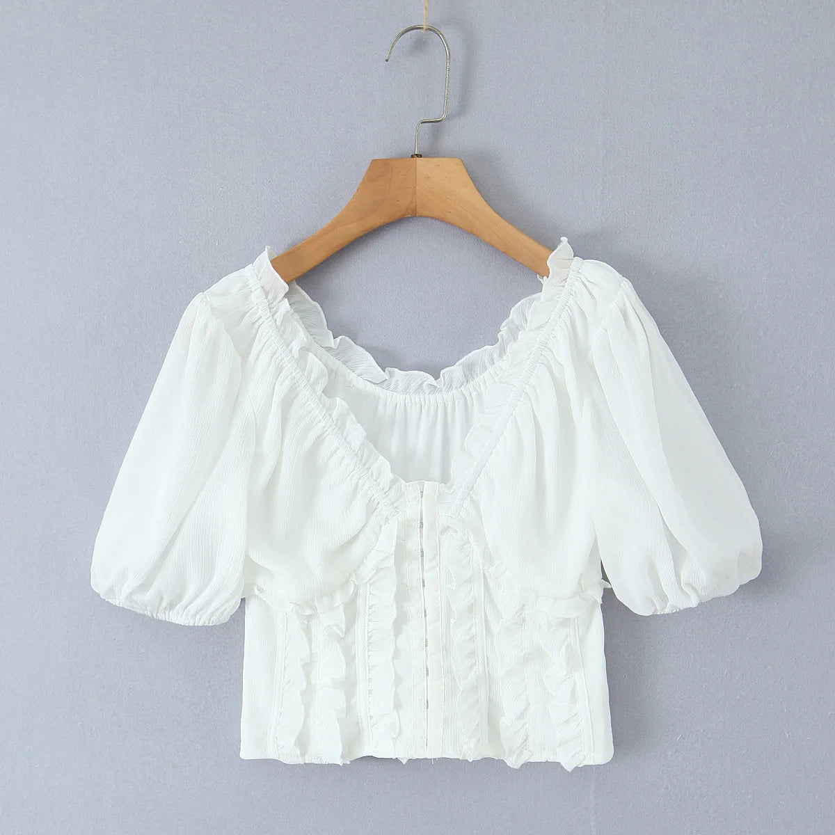 Sunlit Vintage Puff Sleeve V Neck White Chiffon Crop Top Blouse