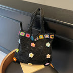 Boho Knitting Shoulder Bag With Floral Crochet