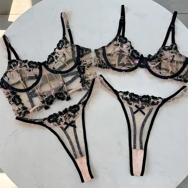 Clashing Floral Embroidered Lingerie Set With Push Up Bra And Matching Panty