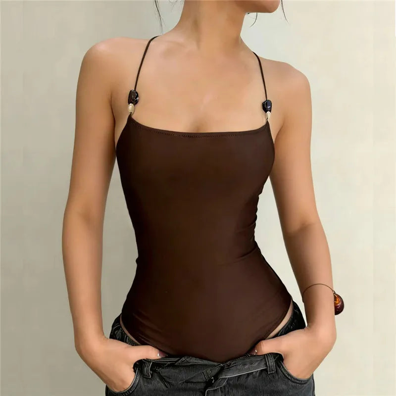 Brown Spaghetti Strap Bodysuit Women Summer Sleeveless Cross Skinny Tight Tide Basic Camisole