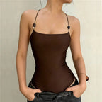 Brown Spaghetti Strap Bodysuit Women Summer Sleeveless Cross Skinny Tight Tide Basic Camisole