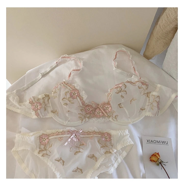 Lace Set With Embroidered Details Two-piece Sheer Push Up Bra And Matching Briefs