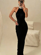 Elegant Backless Halter Ruched Long Dress With Striped Detailing