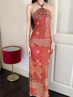 Vintage Reversible Two Piece Halter Neck Top And Long Skirt Set