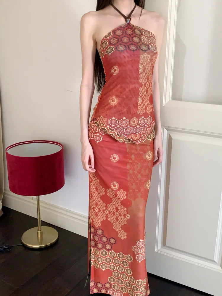 Vintage Reversible Two Piece Halter Neck Top And Long Skirt Set