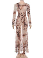 Leopard Print See Through Maxi Dress With O Neck Long Sleeves Backless Cross Bandage Detail