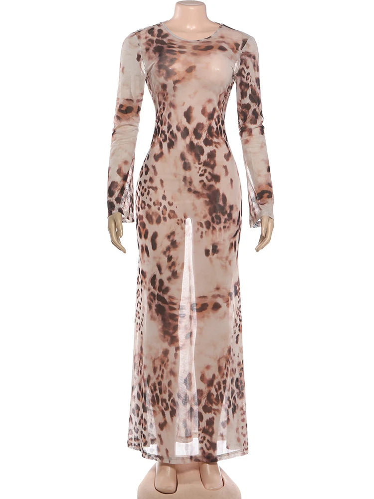Leopard Print See Through Maxi Dress With O Neck Long Sleeves Backless Cross Bandage Detail