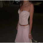 Delicate Lace Corset Cami And Midi Skirt Set Slim Fit Sleeveless Romantic Outfit