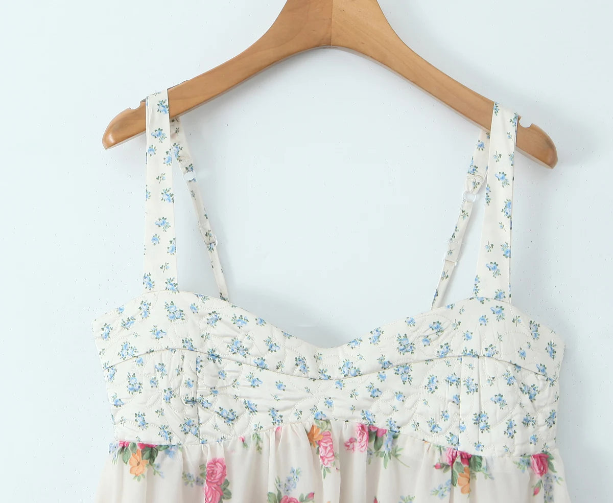 Contrast Color Floral Print Sling Mini V neck Spliced Chest Push Up Back Backless Short Dress