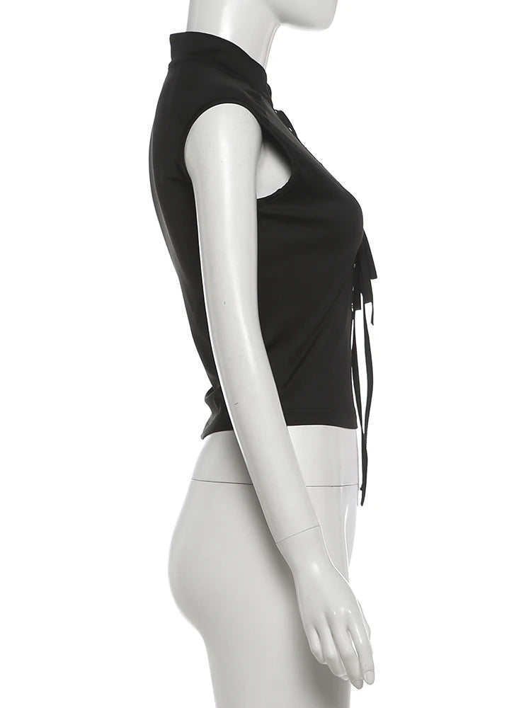 Rivets Decoration Top Stand Collar Navel Exposed Bandage Look Edgy Chic High Street Fashion