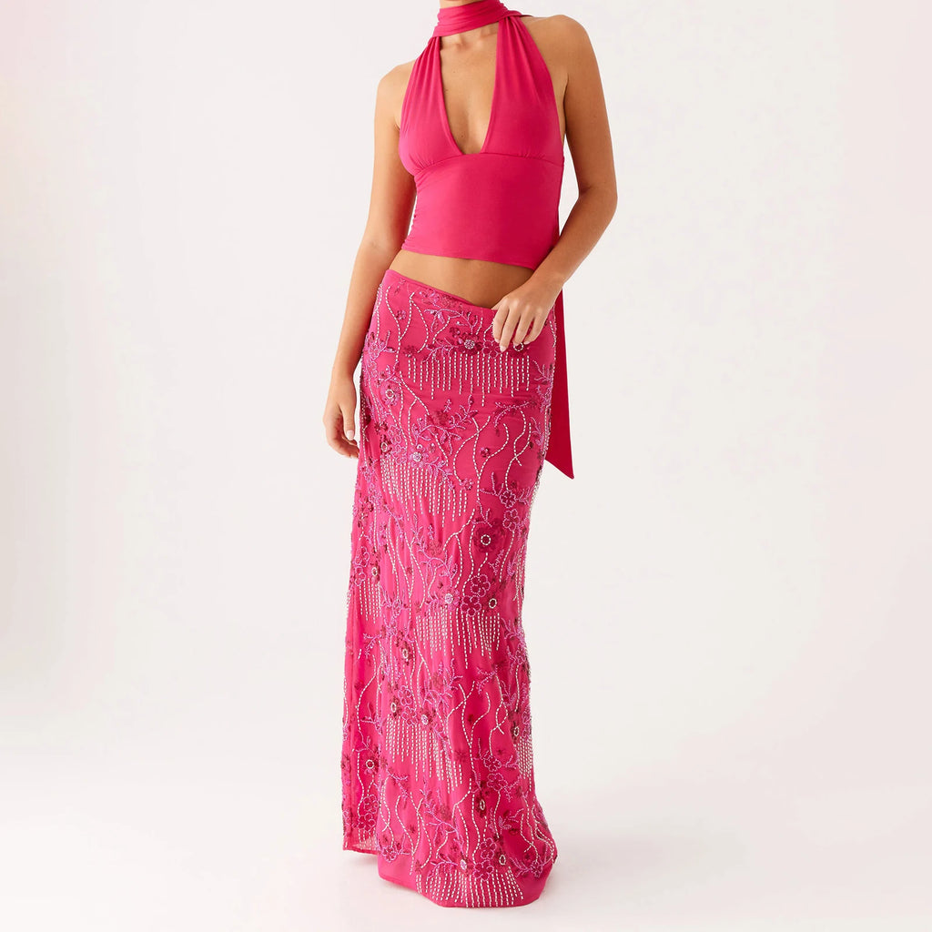 Elegant Beaded Sequin Maxi Skirt With Floral Embroidery