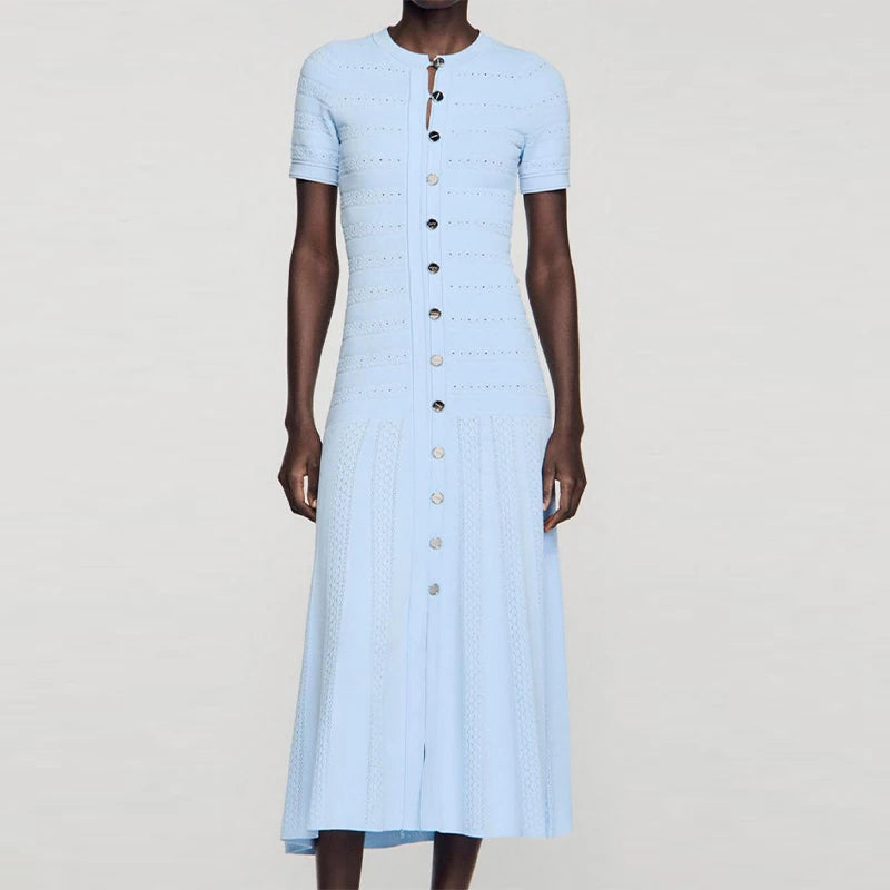 Baby Blue Knit Midi Dress With Button Front Short Sleeves Ruffles Slim Fit