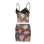 Floral Print Two Piece V Neck Cami Top With Elastic Waist Mini Skirt Set