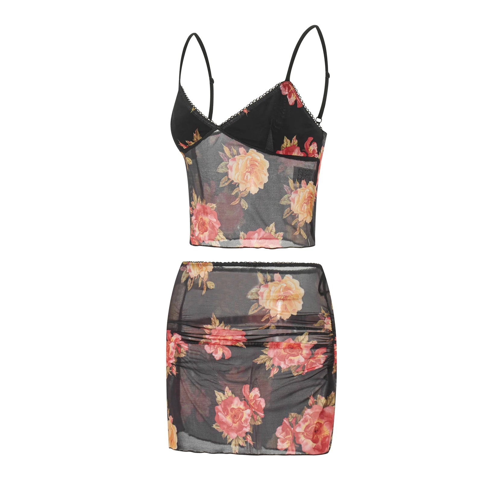 Floral Print Two Piece V Neck Cami Top With Elastic Waist Mini Skirt Set