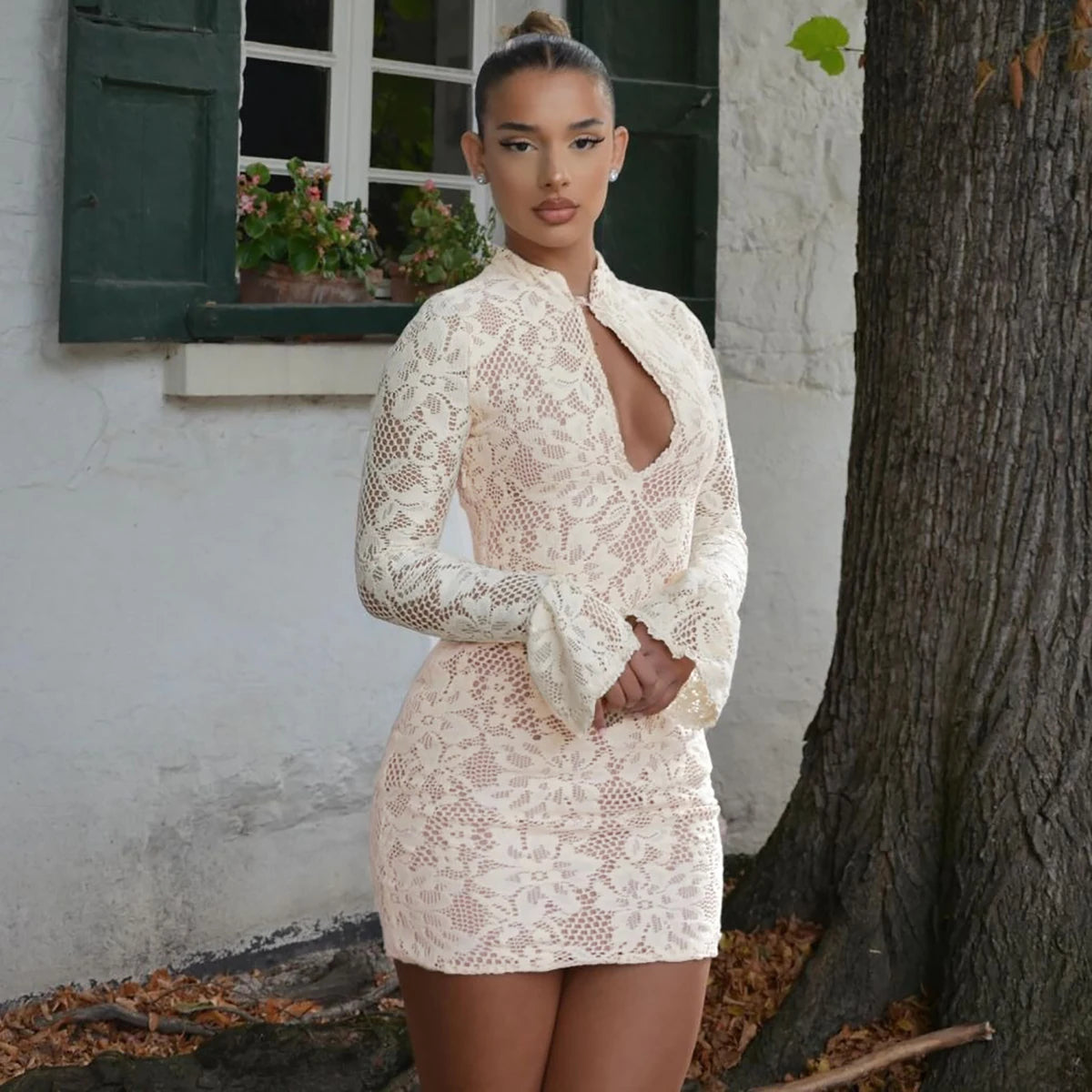 Lace Patchwork Hollow Out Mini Dress With Turtleneck And Long Flare Sleeves