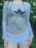 Vintage Floral Cottage Knit Crop Top With Sheer Mesh Detail