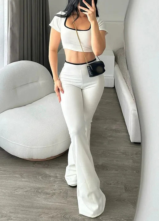 Sexy Slim Two Piece Set For Women Short Sleeve Square Collar Top High Waist Pants
