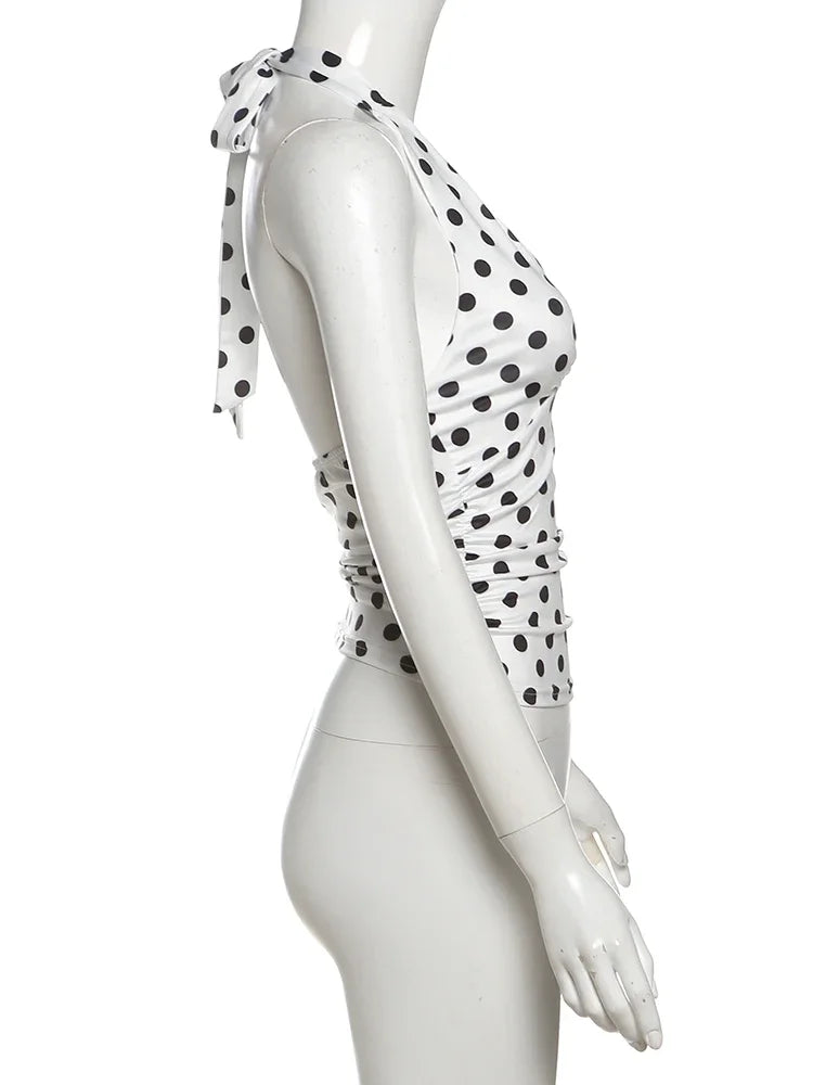 Polka Dot Halter Tank Top With Backless Lace Up Detail Chic Summer