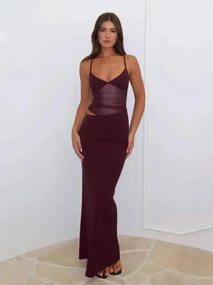Backless Hollow Mesh Spaghetti Strap Gown Elegant Long Evening Dress