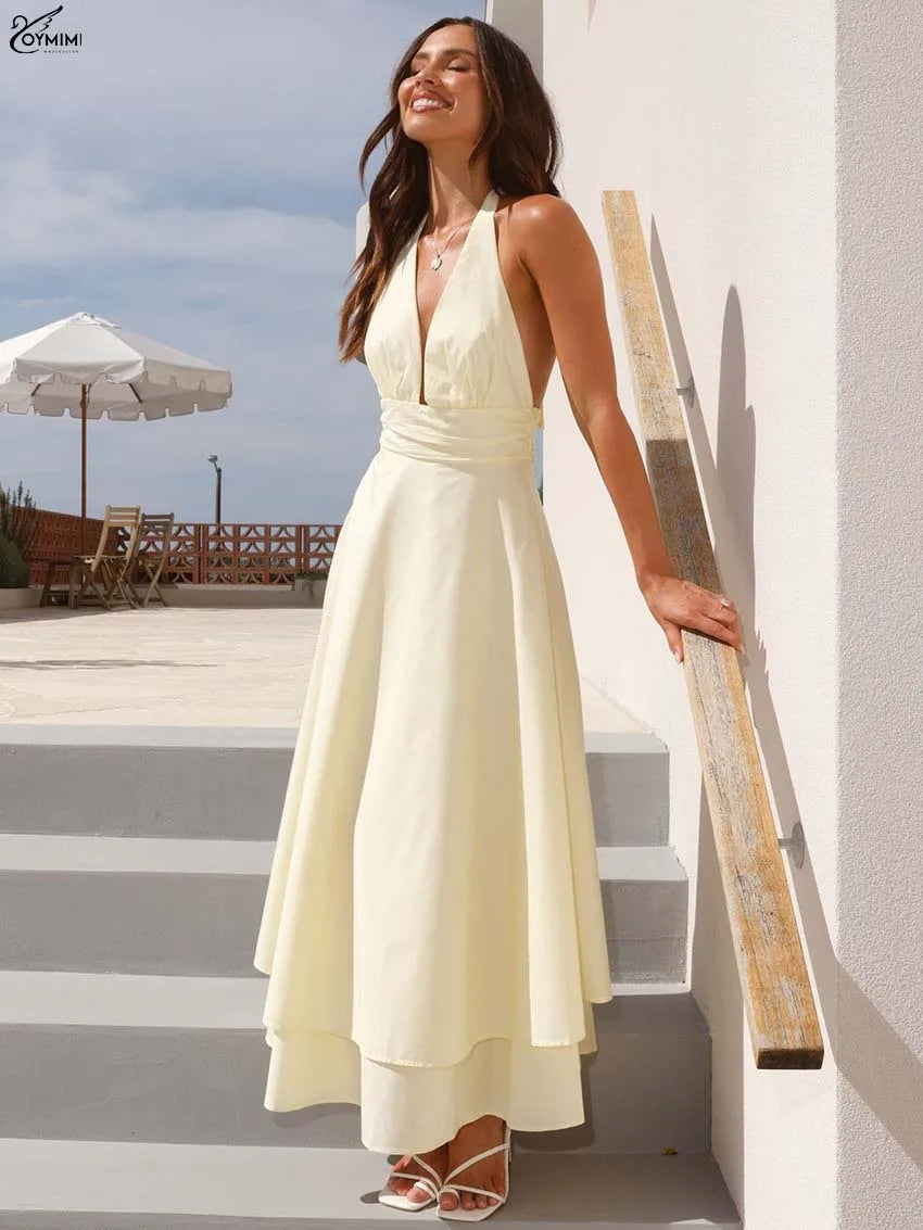 Sunny Yellow Halter Neck Dress With Open Back And Lace Up Detail High Waist Pleated Ankle Length
