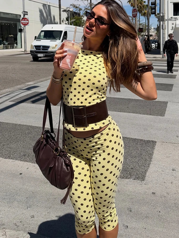 Retro Yellow Polka Dot Open Back Sleeveless Top And Capri Pants Set High Waist