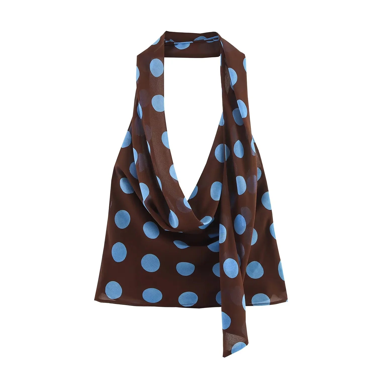 Blue Polka Dot Two Piece Set With Halter Top And Midi Skirt