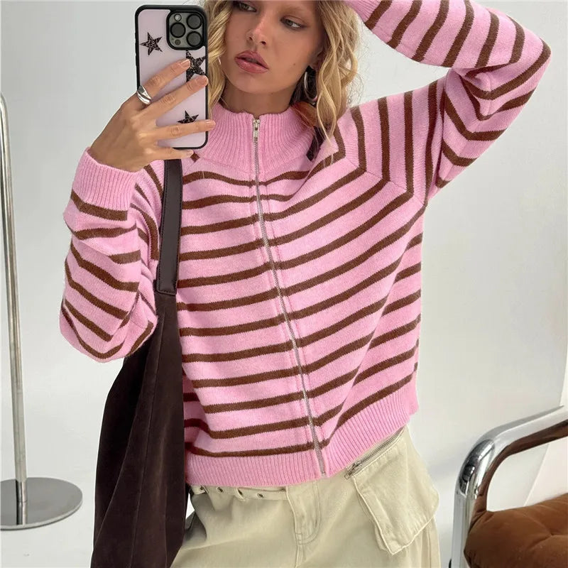 Cozy Striped Zip Up Cardigan With High Neck Knit