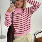 Cozy Striped Zip Up Cardigan With High Neck Knit
