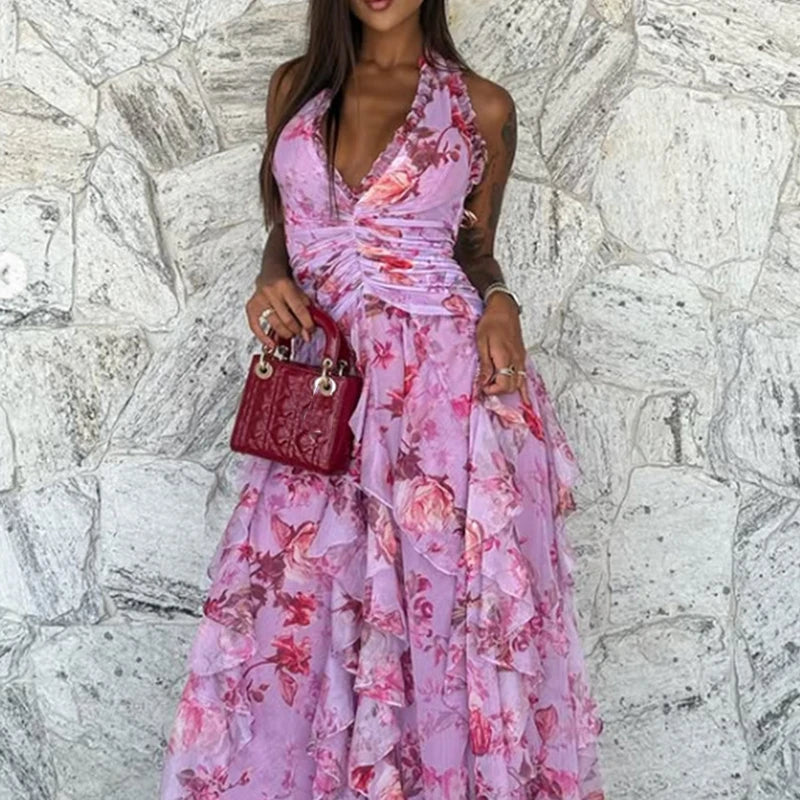 Elegant Patterned Dress With Lace Up Halter Neck Slim Long Silhouette And Ruffle Detail